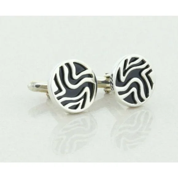 Men's Sterling Silver and Black Bullet Back Cufflinks - Picture 3 of 6